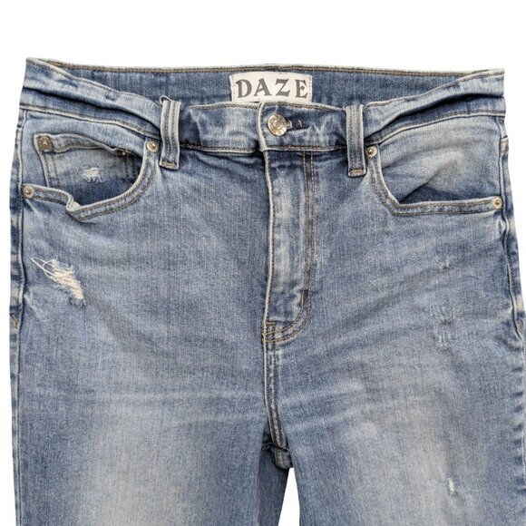 Daze Shy Girl Crop Flare Jeans Womens Light Blue Ripped Distressed Fringe Sz 28 - Picture 3 of 10